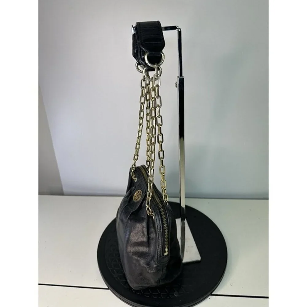 Tory Burch Dena Mini Black Crinkle Leather Crossbody Chain Bag